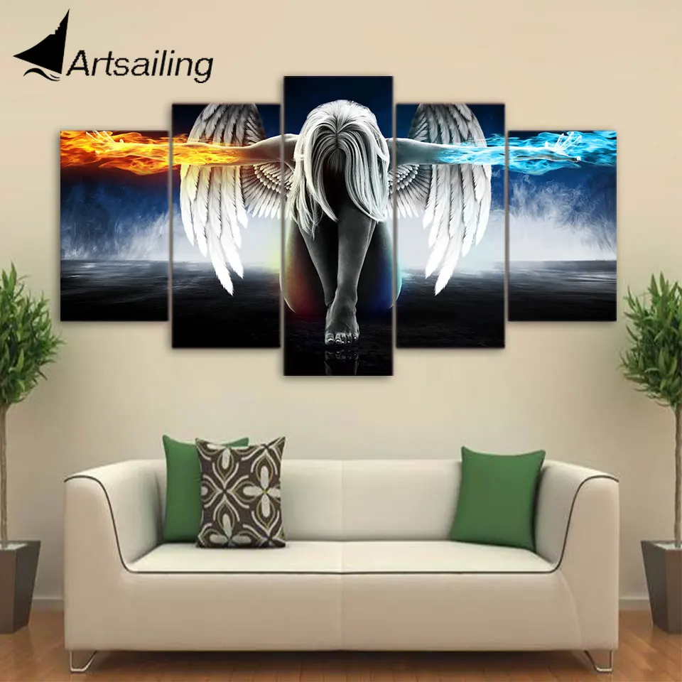Artsailing 5 шт. Холст Искусство аниме Ангел Девушка Крылья огонь и лед Живопись Домашний Декор МОДУЛА живопись Modula картины up-874