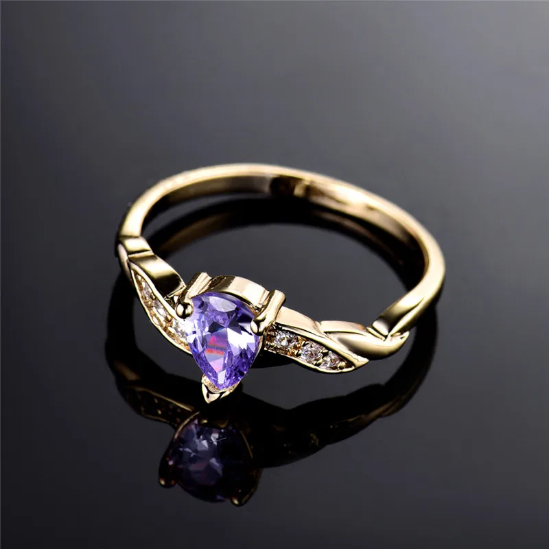 Женское кольцо на палец BUDONG Золотое с фиолетовыми каплевидными камнями и