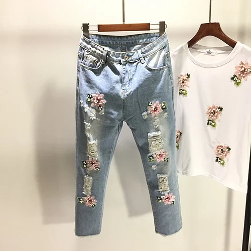 blue denim pant Весна-лето, женские рваные джинсы, свободные, с дырками, с цветочной вышивкой, с бисером, джинсовые штаны, до щиколотки, с заусенцами, женские шаровары - Цвет: blue denim pant
