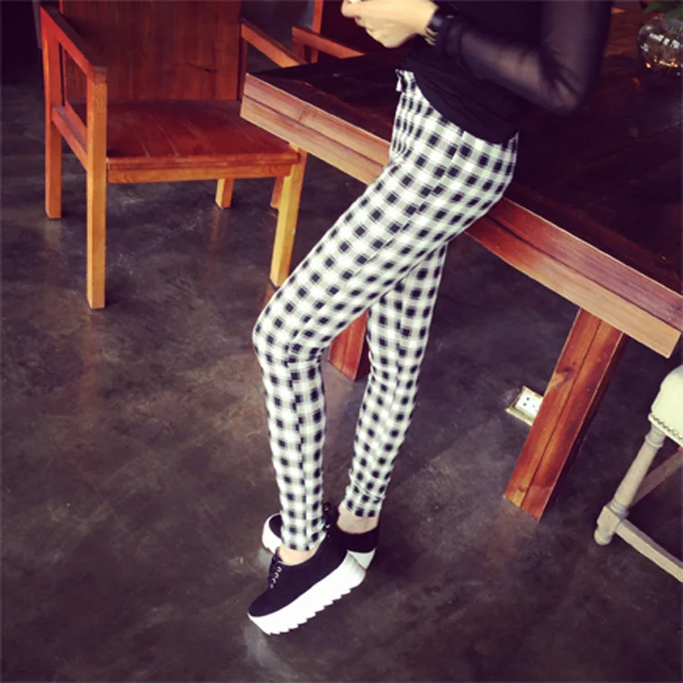 2014 new women's autumn and winter 2096 # Slim was thin elastic waist plaid pants casual feet | Женская одежда