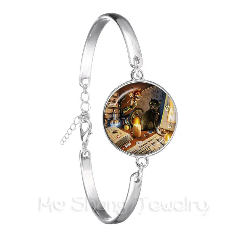Кошачий питомец винтажный браслет со стеклянным кабошоном животным серебряное