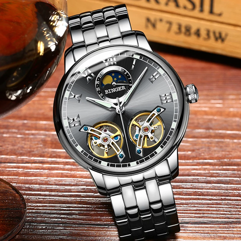 2019 NEW BINGER Unique Design Style Double Tourbillon Skeleton Watch Full Steel Casual Men Mechanical Watches Automatic | Наручные часы