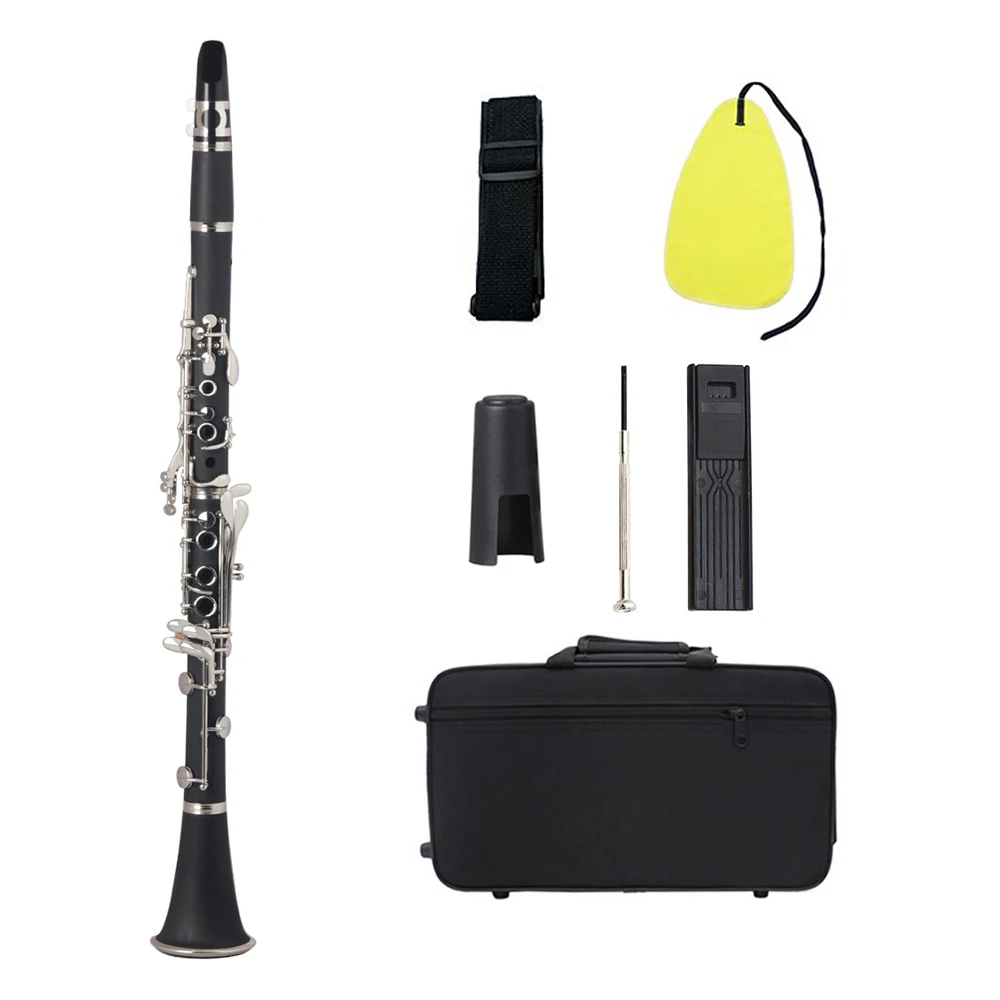 

Bb Flat Clarinet Black Bakelite Silver Keys Woodwind Instrument with Carry Case Reed Cleaning Cloth Mini Screwdriver