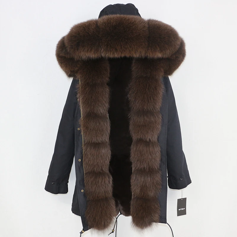 black dark brown Зимняя женская куртка на каждый день шуба из натурального Лисьего меха длинная парка с капюшоном из натурального Лисьего меха брендовая парка Толстая теплая уличная одежда со съемным капюшоном - Цвет: black dark brown