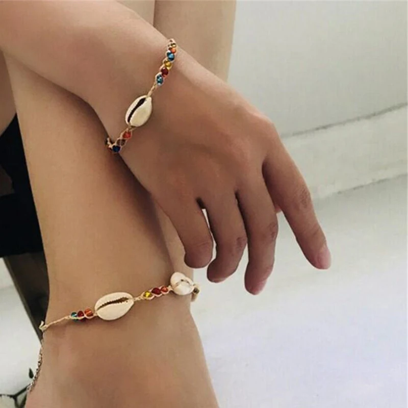 Boho смешанные бусины в виде риса веревки цепи оболочки пляж босиком браслет лодыжки женские натуральные оболочки ноги цепи для женщин оболочки ноги ювелирные изделия