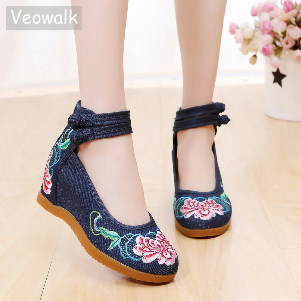 Женские холщовые туфли лодочки Veowalk на среднем каблуке 5 см с вышивкой высоким