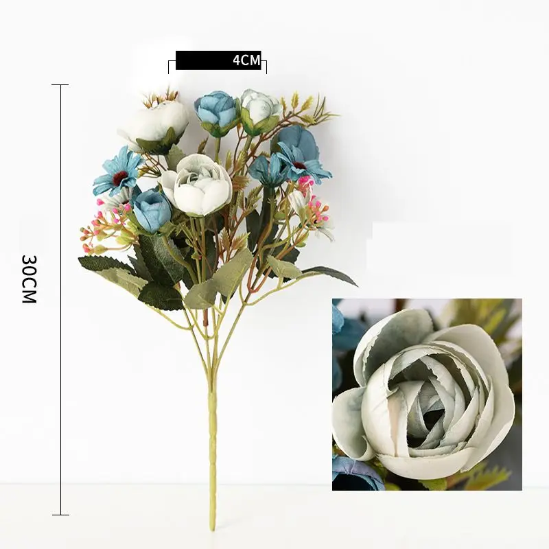 Синий Fake Tea Rose Silk Flower Fall Gerbera Daisy Artificial Plastic Flower Pearl Bouquet For Wedding DIY Party Home Room Decoration - Цвет: Синий