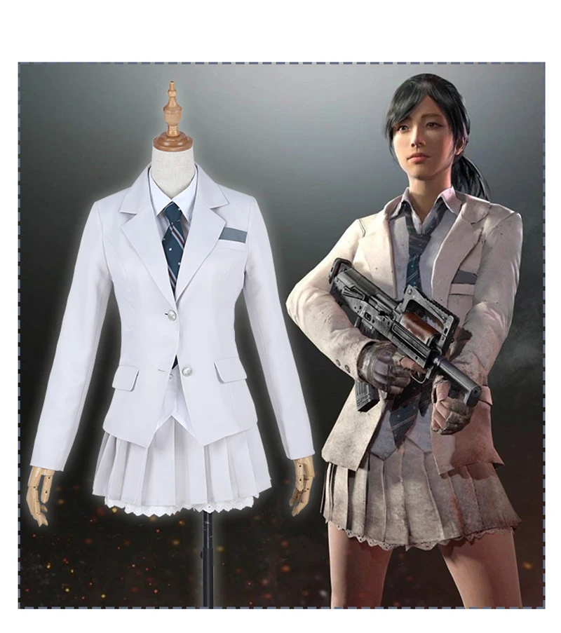 Hotest игры PUBG Косплэй одежда Playerunknown's боя Косплэй костюм платье Набор Whilte Цвет форма для девочек Для женщин
