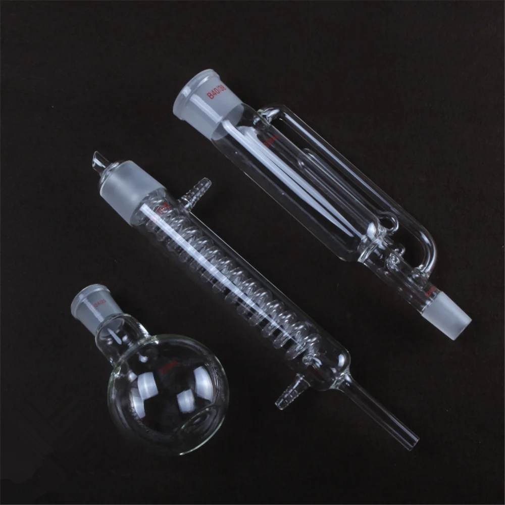 60ml,Glass Soxhlet Extractor body & Graham Condenser Snake Shape Condenser ,1 Flat Bottom Flasks for Lipid Extraction