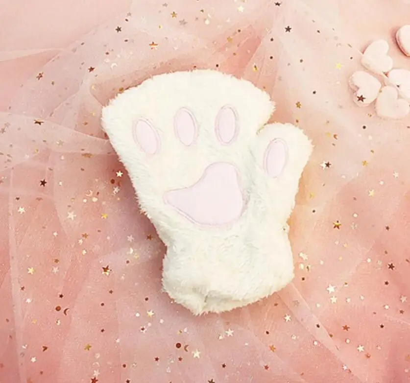White Японские Женские милые кошачья лапа с когтями, плюшевые рукавицы, короткие перчатки, Рождественские Зимние теплые вязаные перчатки Kawaii - Цвет: White