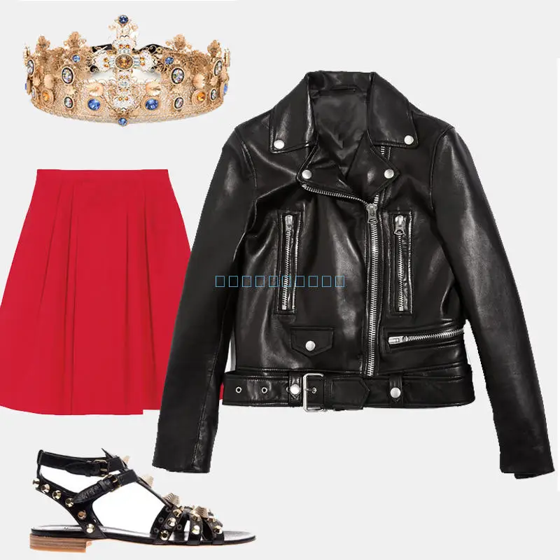 Женская короткая приталенная мотоциклетная куртка из натуральной овечьей кожи