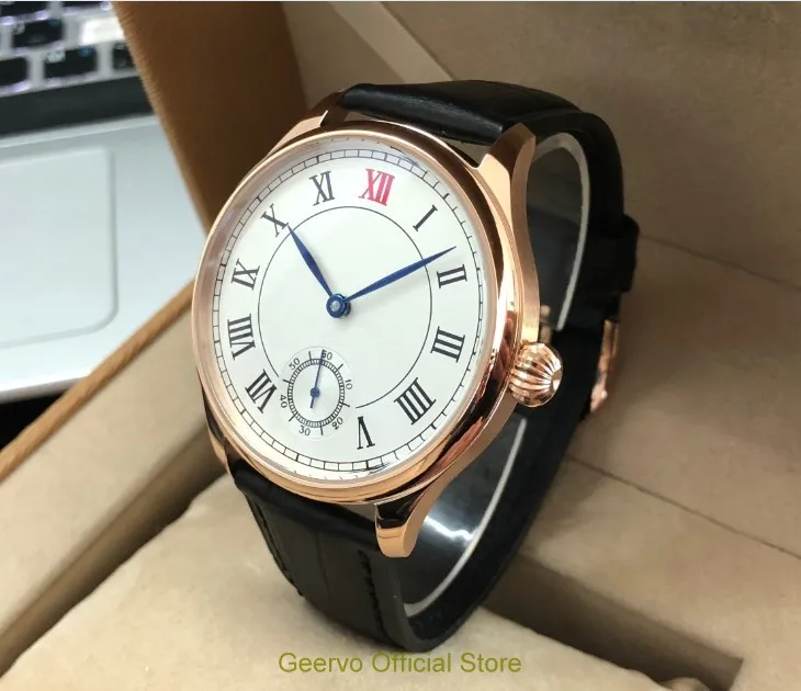 

44mm GEERVO Asian 6498 17 jewels Mechanical Hand Wind movement men's watch White dial Rose gold case Mechanical watches gr253-g8