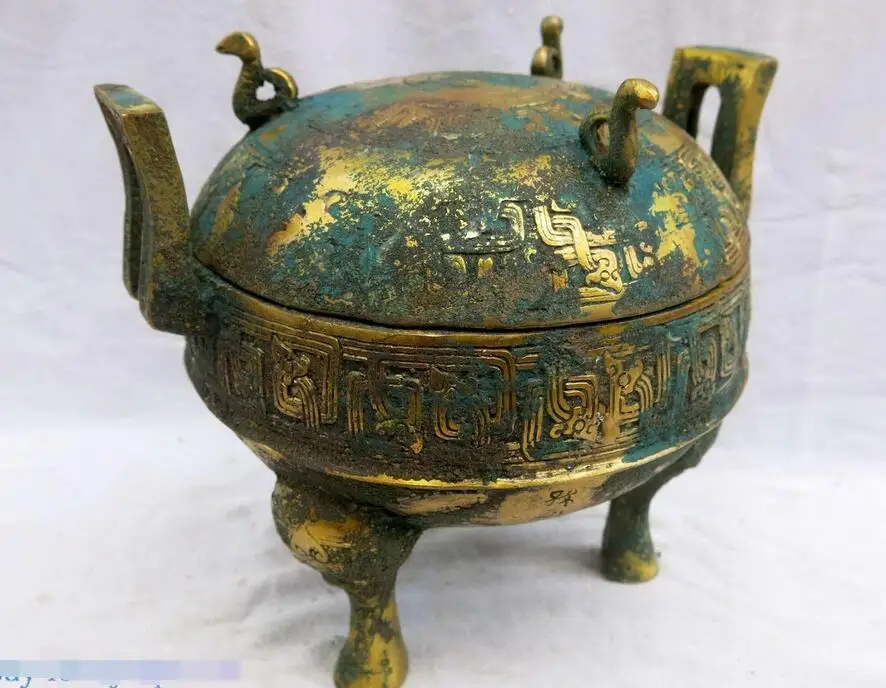 Китайский Старый бронзовый позолоченный горшок скульптура тонкая птичка три