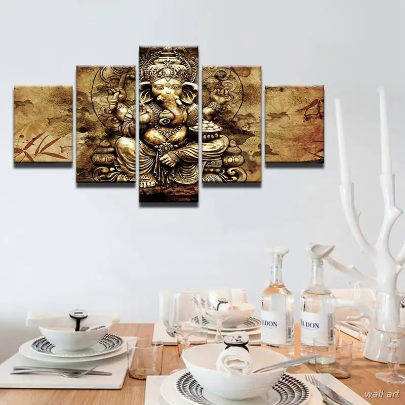 Modern Hd Printed Canvas Posters Home Decor 5 Pieces India Ganesha Paintings Framed Wall Art Elephant Trunk God Pictures | Дом и сад