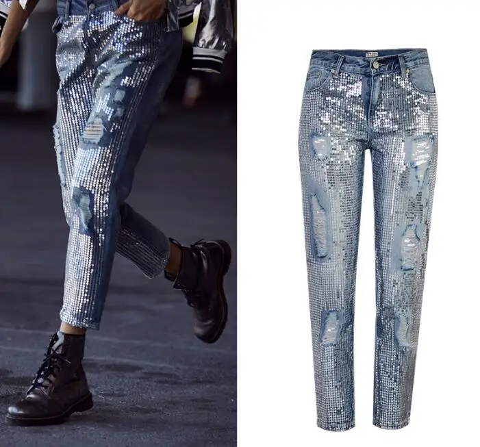 European&American sequins ripped Jeans Fashion women straight-leg ninth denim pants