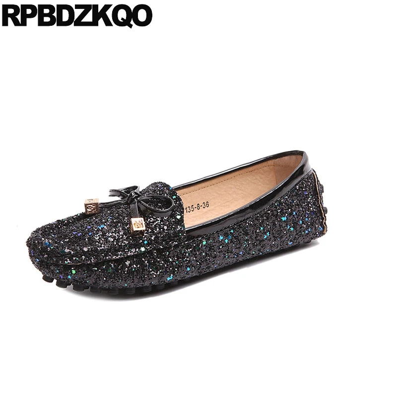 

Loafers Black Autumn Spring Bling Sequins Single Shoes Fur Flats Bow Sequin Round Toe Winter Moccasins Women Driving Glitter
