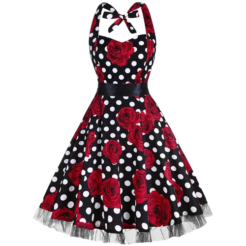 Black Red OTEN 4XL женское платье с принтом в виде черепа пэтчворк с цветочным кружевом в горошек Ретро Винтаж в стиле кантри летнее платье,1950s Большой размер строп женское платье платье пляжное - Цвет: Black Red