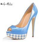 Женские босоножки Onlymaker, из лакированной кожи, на очень высоком каблуке 15-16 см, в клетку, на платформе, с открытым носком, размер 13