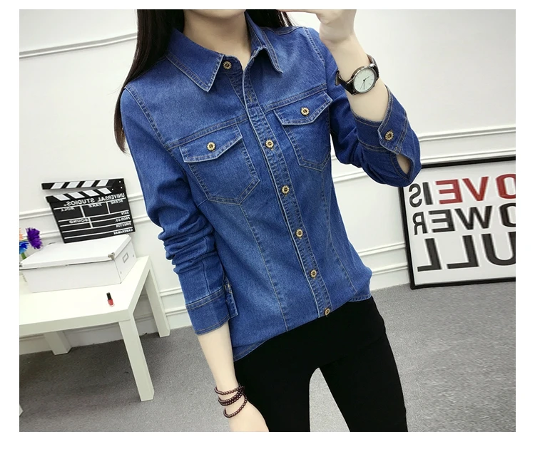 Fashion Spring Autumn women cotton pocket Turn-down Collar full-sleeve blouse Single Breasted blue Denim shirt casual tops