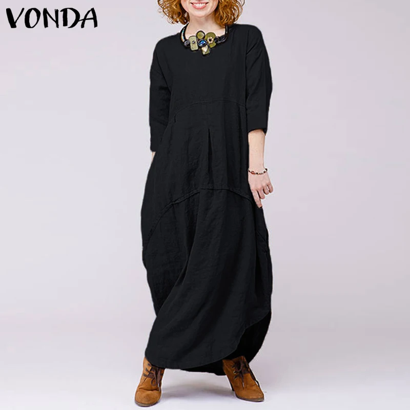 VONDA размера плюс, женское длинное платье макси, осень, повседневное, свободное, о-образный вырез, пэтчворк, черные платья, Ретро стиль, длина до лодыжки, Vestidos
