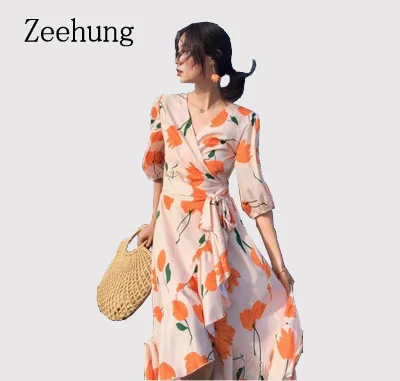 2019 летнее платье с завышенной талией и оборками в художественном стиле пляжное