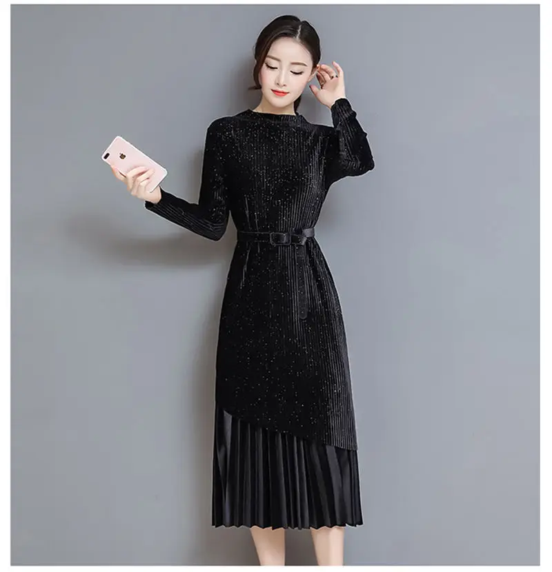 Fashion Autumn Winter Women Dress Elegant Sexy Pleate Female Dress Vintage Long Sleeve Velvet Two-piece suit Dresses vestidos