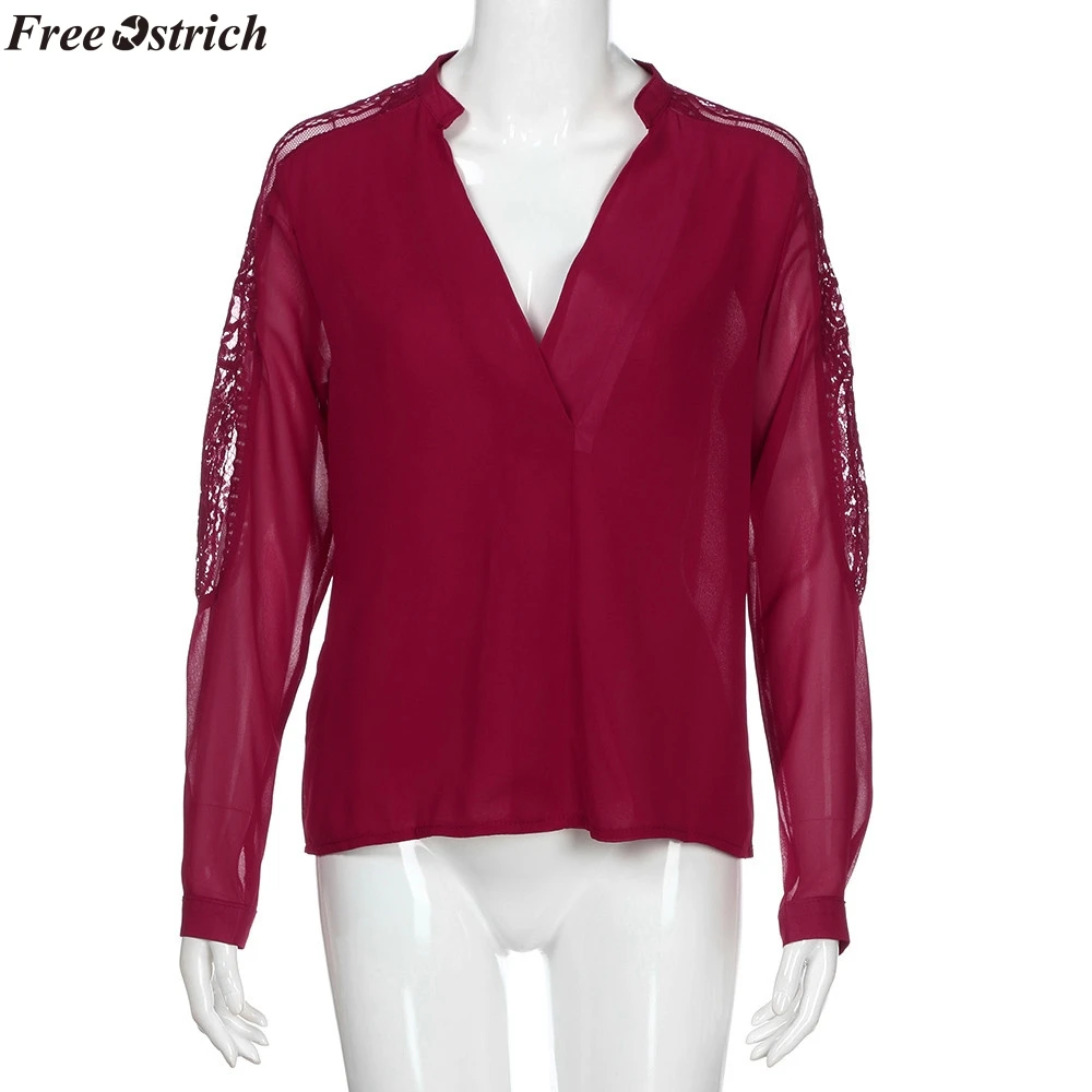 Бесплатная Страусиная женская красная Кружевная футболка с длинными рукавами