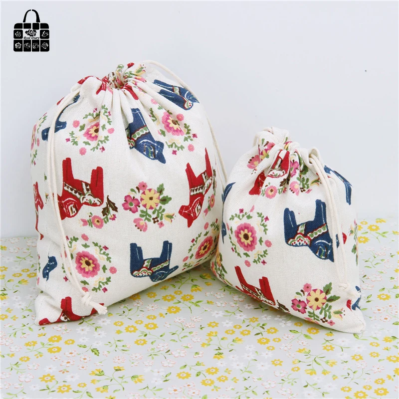 1x Cute horse design cotton linen fabric dust bag travel clothes Storage portable organizer home Sundry kids toy storage | Дом и сад