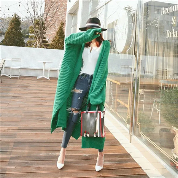 green Cardigan Neploe, однотонный вязаный длинный женский кардиган, длинный рукав,, корейский женский свитер, свободный, Повседневный, Осень-зима, Chaqueta Mujer 68405 - Цвет: green Cardigan