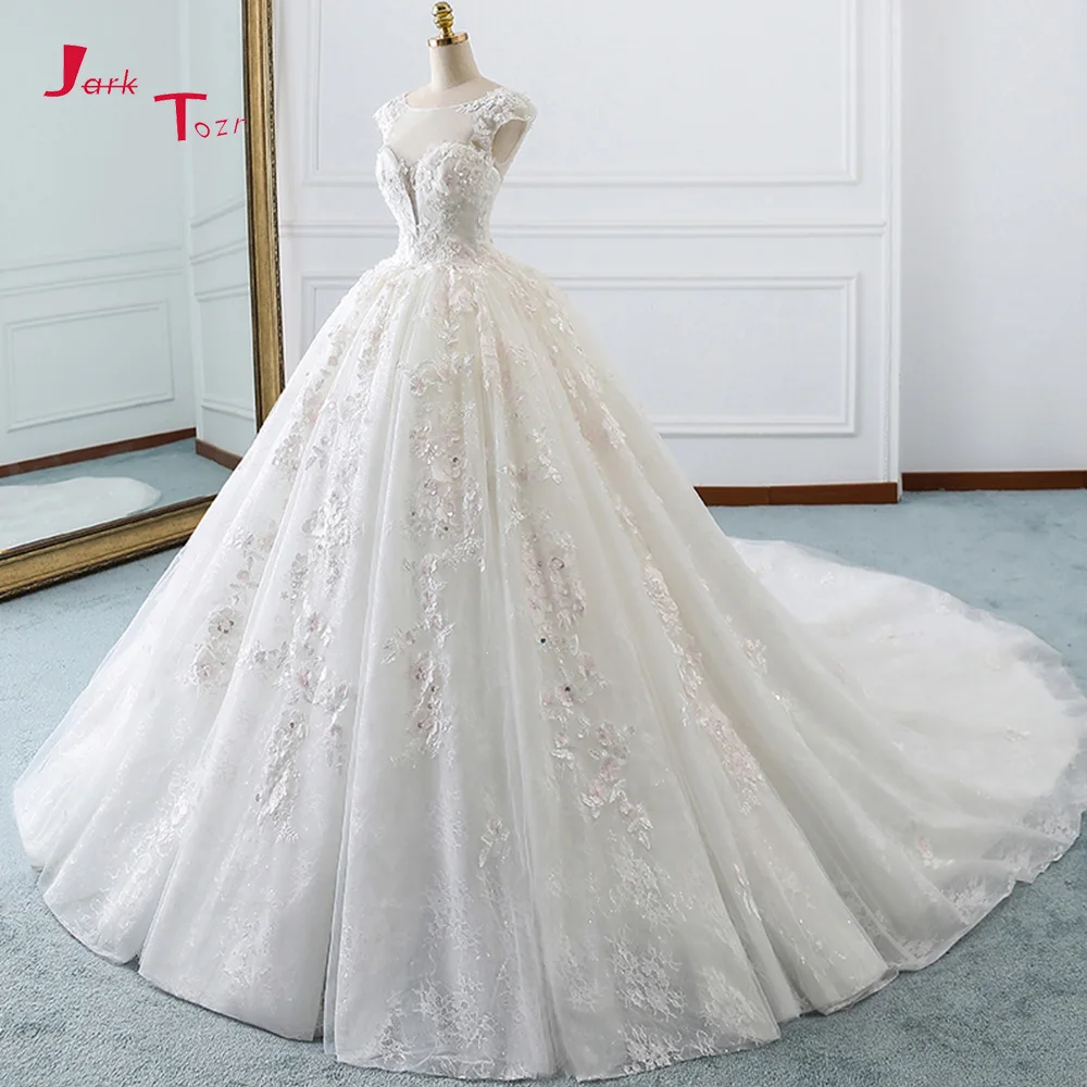 Jark Tozr Robe De Mariee Cap Sleeve Beading Sequins Appliques Lace Flowers Princess Ball Gown Wedding Dresses Plus Size Gelinlik | Свадьбы и