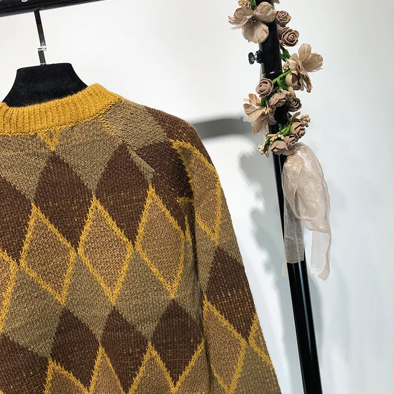 Vintage Winter Patchwork Color Argyle Pullover Sweater Warm Wool Long Sleeve Women O-Neck Knitted Short | Женская одежда
