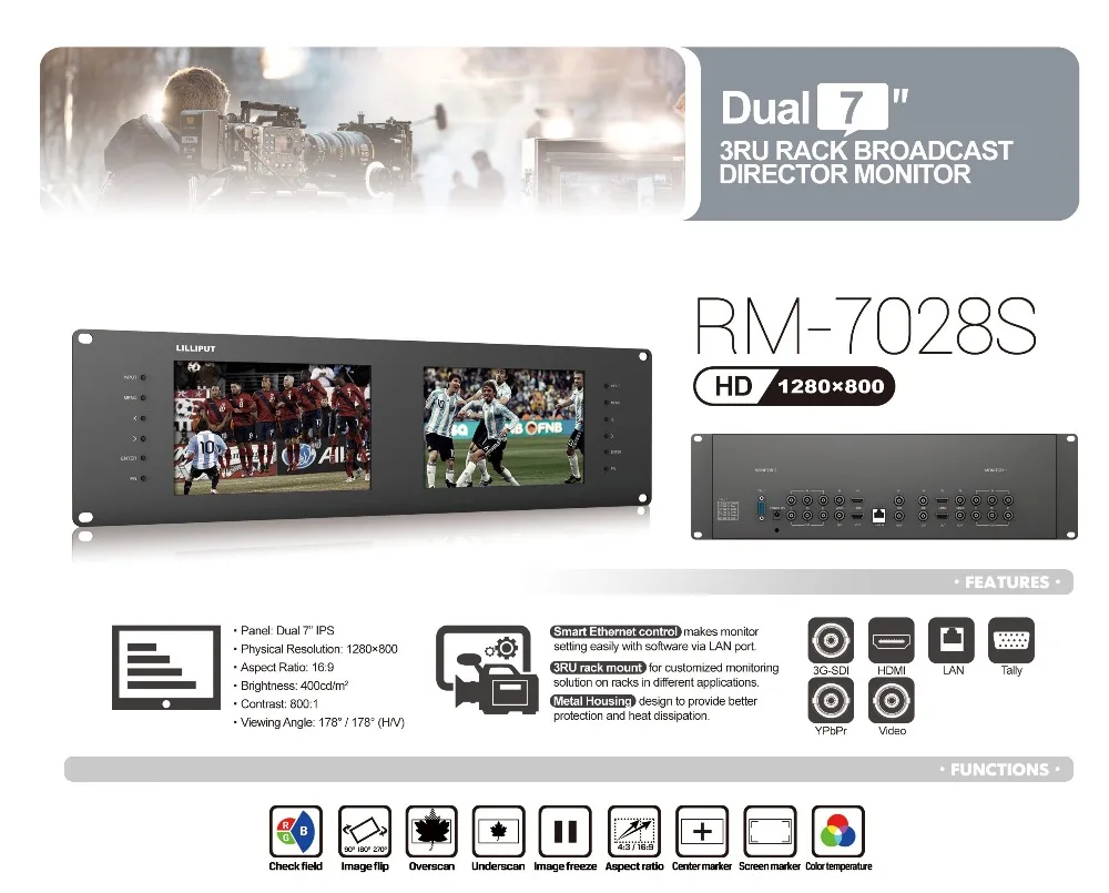Lilliput RM-7028S 3RU Rack мониторы с двумя " ips экранами, просмотр HDMI, SD, HD и 3G-SDI видео на 3RU rack monitor