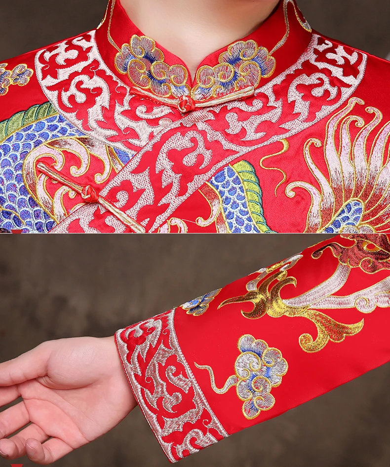 

Show mens chinese style wedding Gown red embroidery groom evening gown kimono jacket tang suit toast costumes pratensis clothing