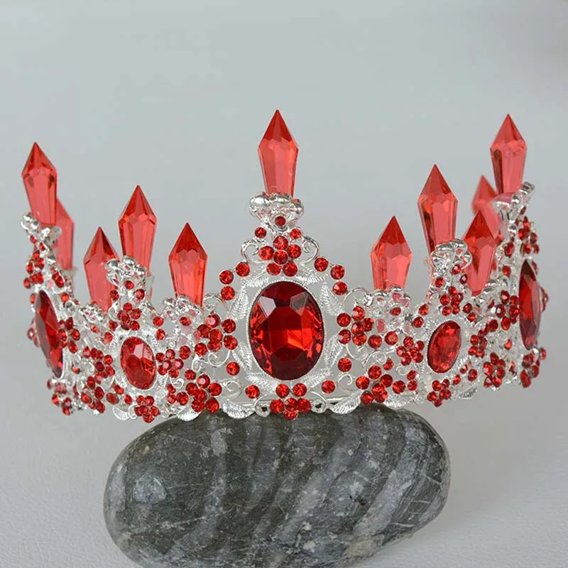 Red Silver Золотая, серебряная корона в стиле барокко, королевский синий кристалл, свадебная корона, красные стразы, винтажная диадема для невесты, аксессуары для волос - Окраска металла: Red Silver
