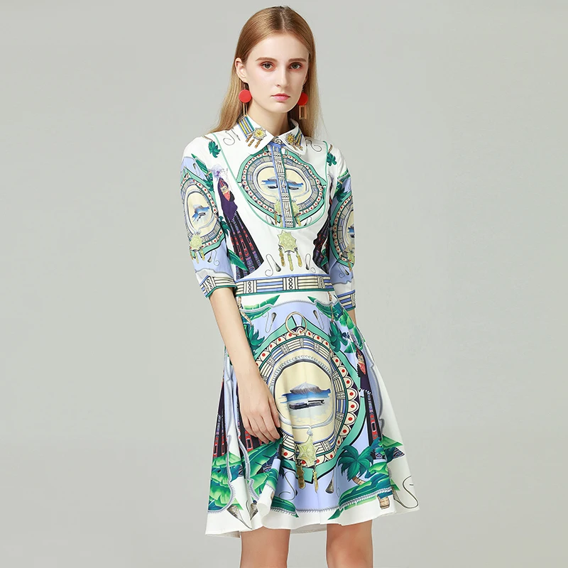 

2018 Autumn New Arrival Europe Fashion Turn-down Collar Half Sleeve Diamonds Elegant Print A-Line Above Knee Dress Women