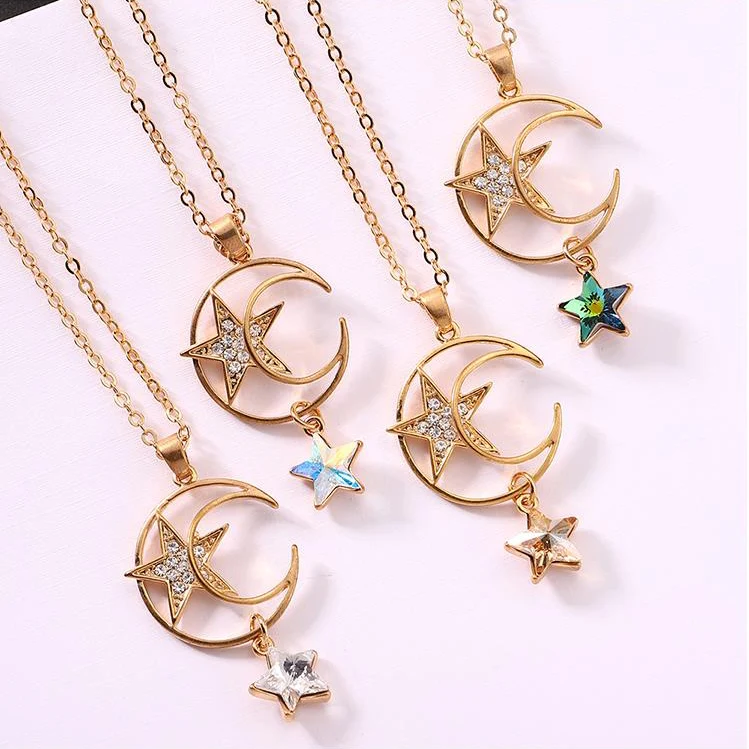 Модные Кристаллы от Swarovski Star & Moon ожерелье с подвеской для женщин Золотая цепочка