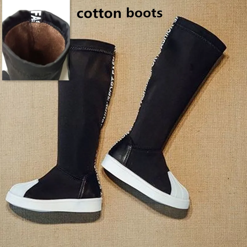 cotton black Детские зимние сапоги для девочек; детская обувь из плотной эластичной ткани; сапоги до колена; обувь с хлопковой подкладкой для девочек; модные сапоги - Цвет: cotton black