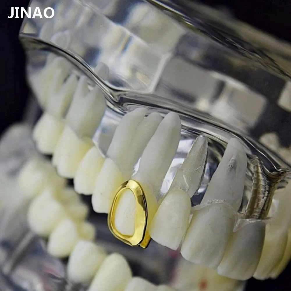 JINAO желтое золото цвет покрытием полые открытым лицом Grillz Один Топ зубы кепки хип хоп зуб грили для подарка