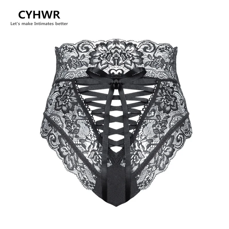 CYHWR, модные сексуальные трусики, женские бандажные трусы, бесшовные, высокая талия, кружевные, с вырезами, женское нижнее белье, трусы - Цвет: Черный