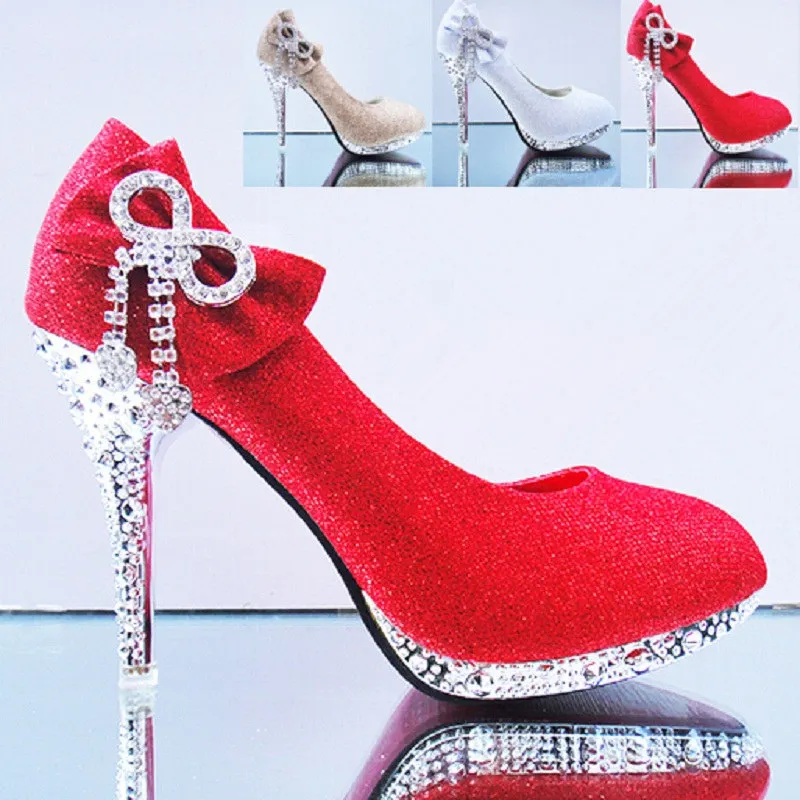 2015 женские свадебные туфли с бантом-бабочкой и стразами на высоком каблуке