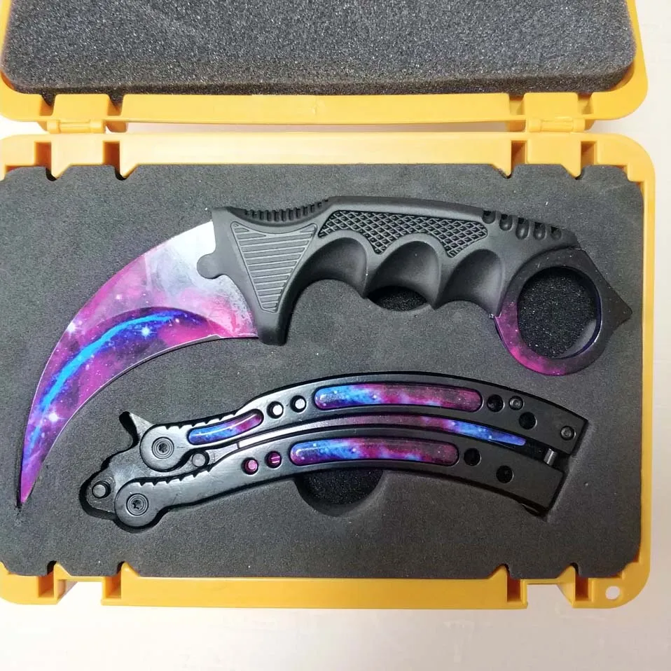 Starry sky Прямая поставка Karambit+ нож для тренера+ нейлоновая сумка+ отвертка+ коробка CSGO чехол для игрового ножа Бабочка Набор комбинированных ножей тупое лезвие - Цвет: Starry sky
