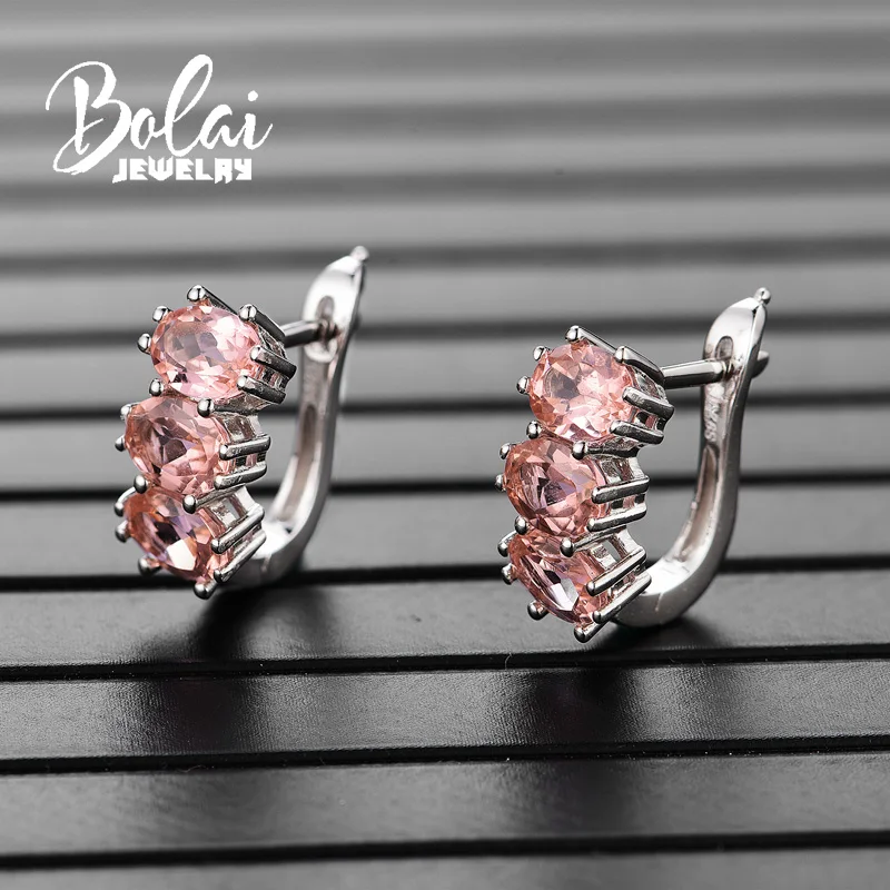 Bolai, серьги-гвоздики из морганита, 3 камня, Настоящее серебро 925 пробы, драгоценный камень, хорошее ювелирное изделие, серьги-кольца для женщин, свадебный подарок
