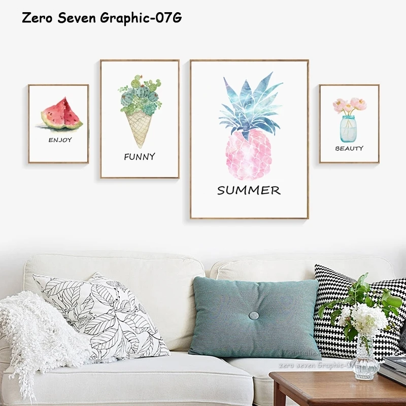 Акварельный арбуз ананас кактус мороженое холст живопись плакаты и принты