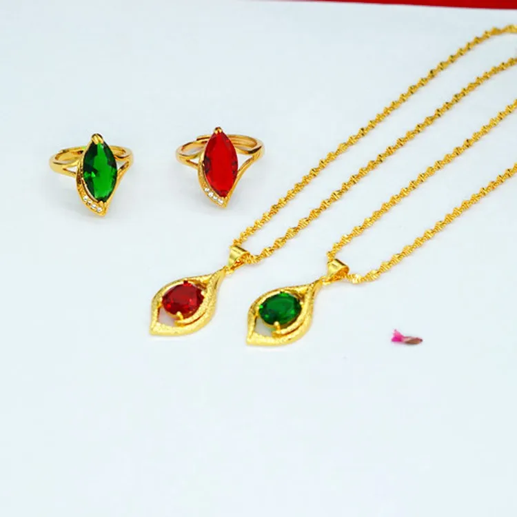 Teardrop Shape Necklace Rings Set for Women Yellow Gold Filled Red Crystal Zircon Pendant Choker + Opening Ring | Украшения и