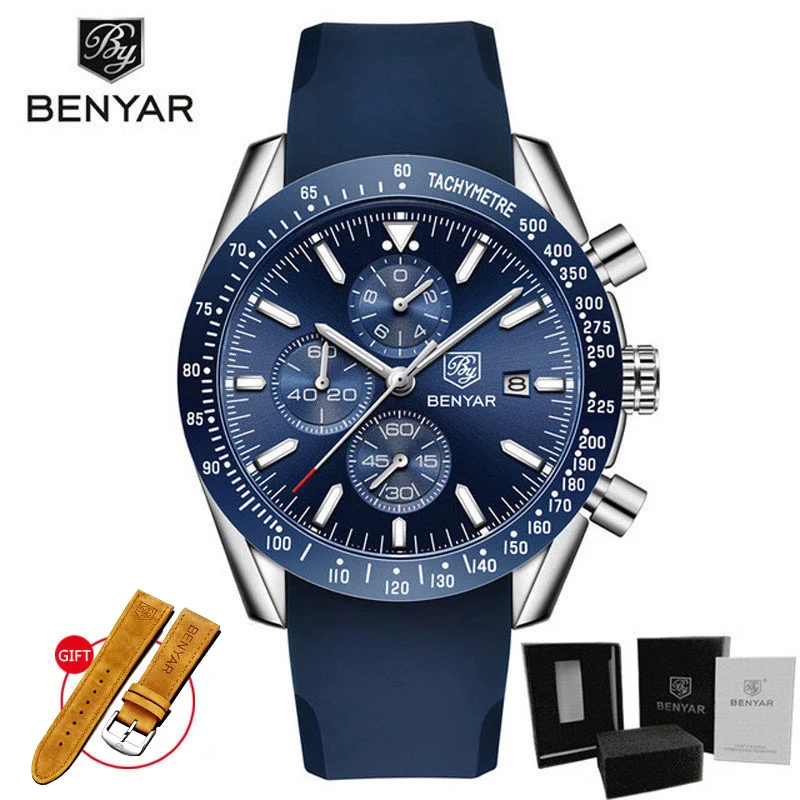 Silver Blue Мужские наручные часы s BENYAR, кварцевые часы с хронографом, Relogio Masculino, новинка, Топ бренд, Роскошные военные часы с силиконовым ремешком - Цвет: Silver Blue