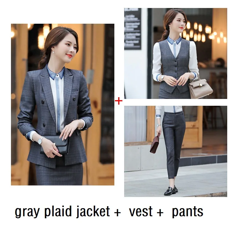 gray pants set Женские костюмы, тонкий пиджак в клетку с длинным рукавом и брюки, 2 предмета в комплекте, OL, официальные женские брюки, костюмы для женщин, костюмы 866 - Цвет: gray pants set