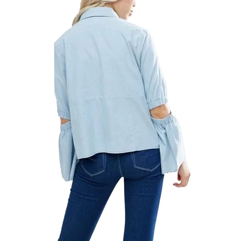NYMPH European Style 2017 New Hollow Out Design Flare Sleeve Spring Summer Women Casual Shirt Lapel Denim Blouse Female Tops |
