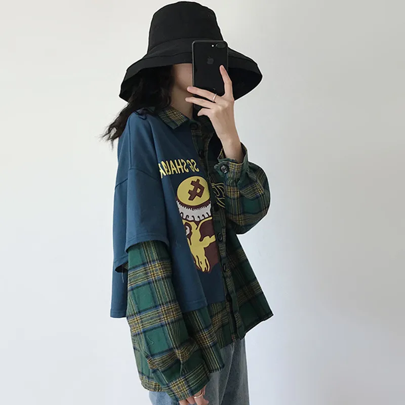 Harajuku Японская уличная одежда с мультяшным принтом Женская клетчатая рубашка