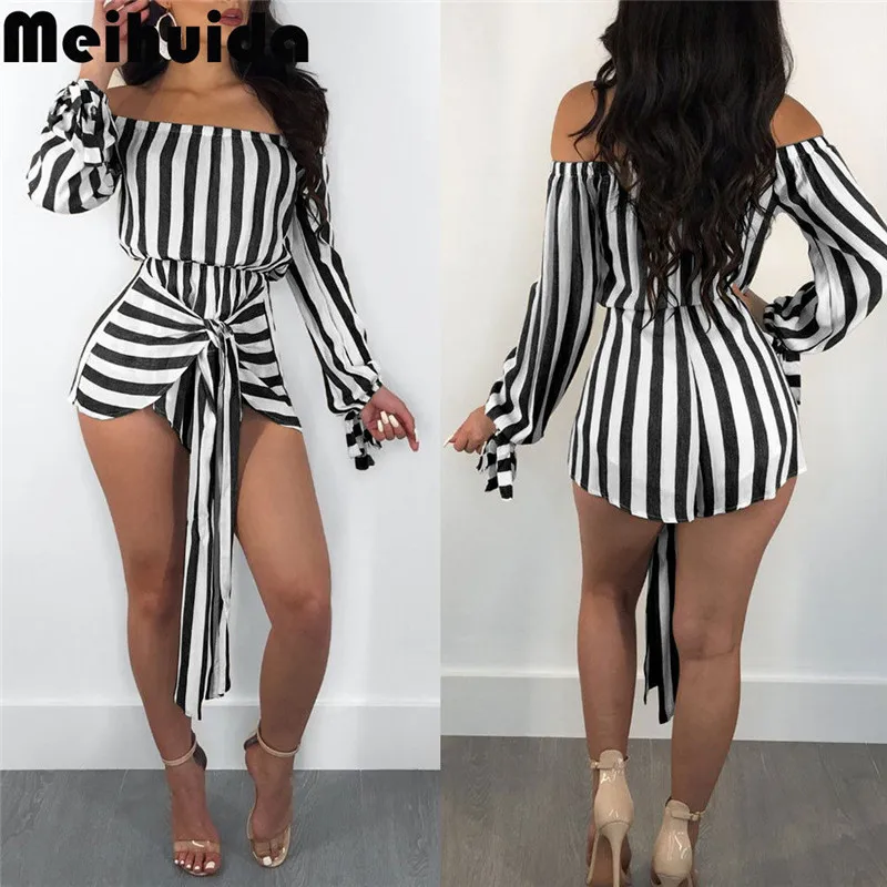 

Women Casual Off-shoulder Striped Jumpsuit Playsuit Ladies Summer Beach Holiday Shorts Romper Long Sleeve Mini Jumpsuit Clubwear