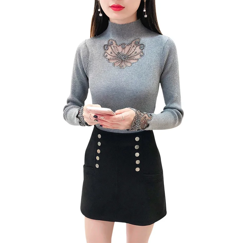 

2019 New Spring Autumn Women Sweater Knitted Long Sleeve Sexy Slim Office Lady Casual Lace Hollow Out Sweaters Tops